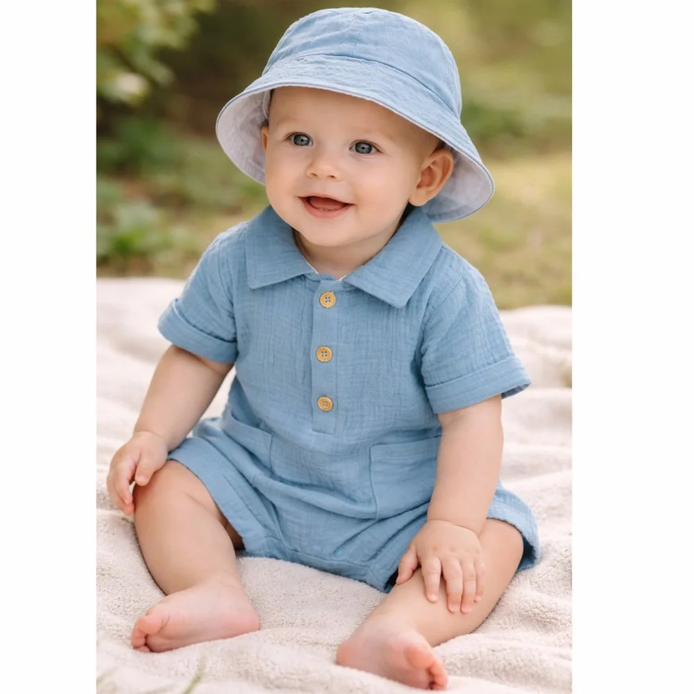Liam & James Baby Romper Hat Set 3–6M Blue Cotton Short Sleeve‎ NWT